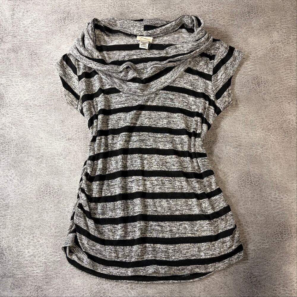 Striped Cowl Distressed Knit Short Sleeve Topd